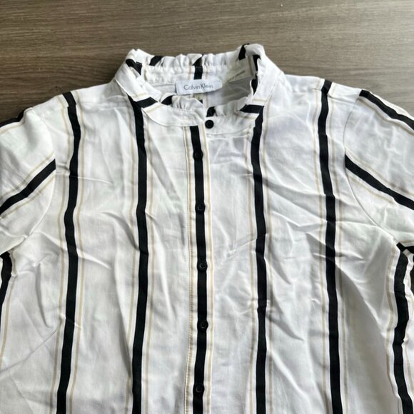 Calvin Klein White Smock-Neck Collarless Striped Blouse with Bell Sleeves - Picture 4 of 12